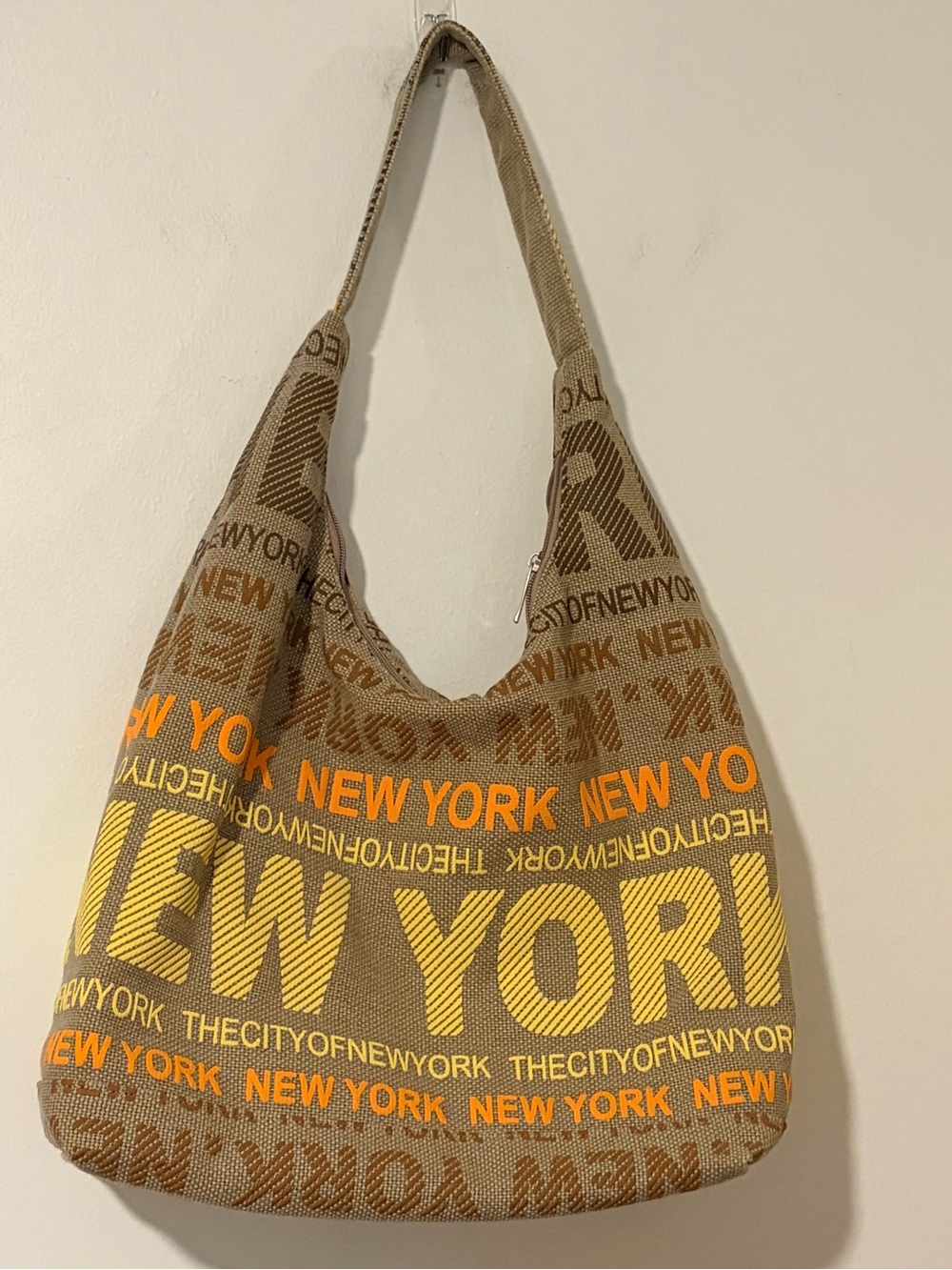 Robin Ruth Tan Tote with Yellow and Orange Text New York